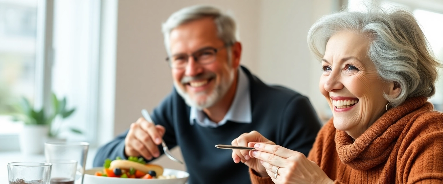 Glückliches Seniorenpaar lachend beim Essen mit natürlichem Zahnersatz