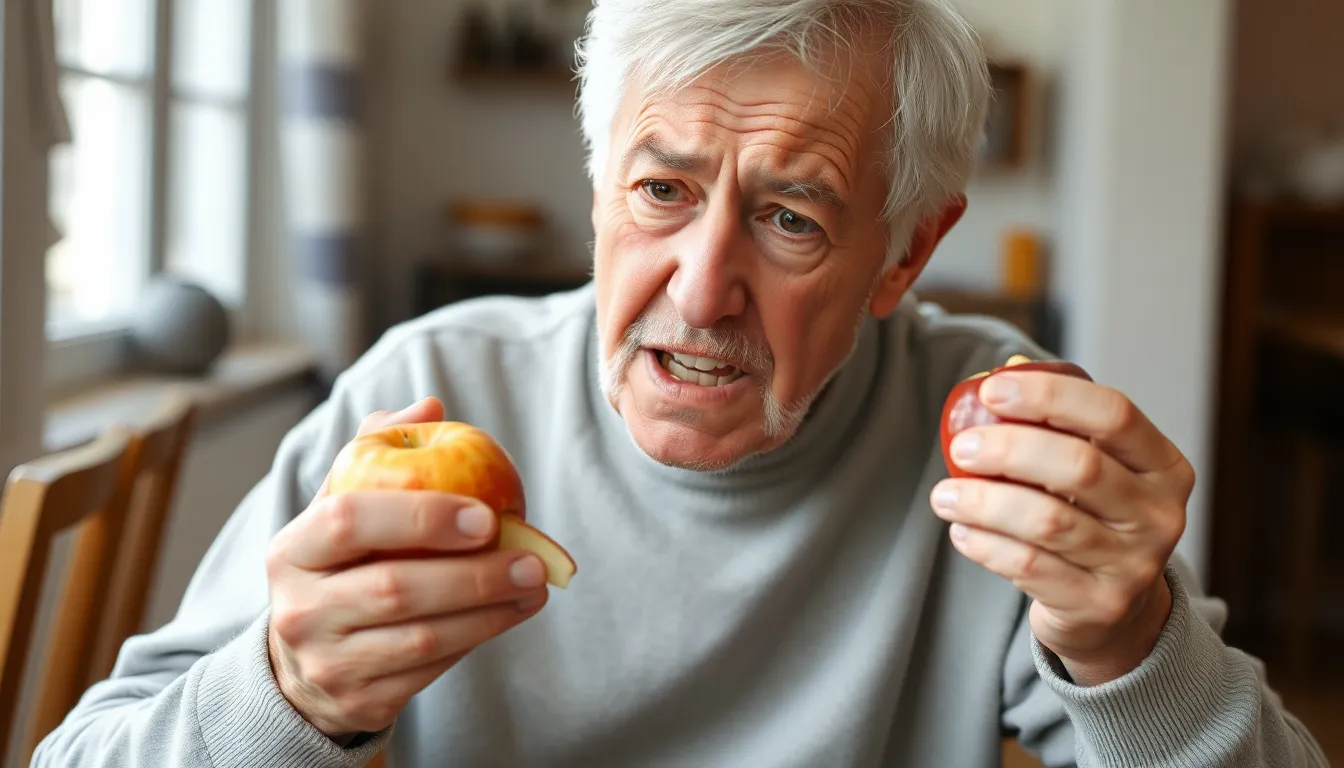 Seniorin hat Schwierigkeiten beim Apfelessen ohne Zahnersatz