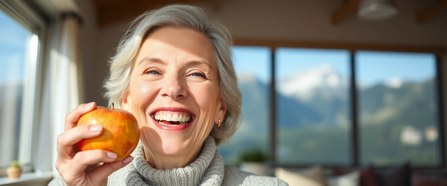 Glückliche Seniorin mit natürlicher Zahnprothese aus Plastik