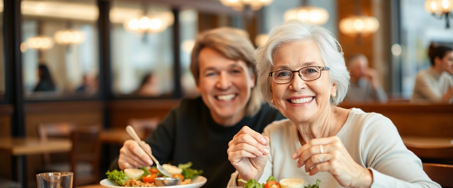 Glückliches Paar isst mit stabilen Zahnprothesen