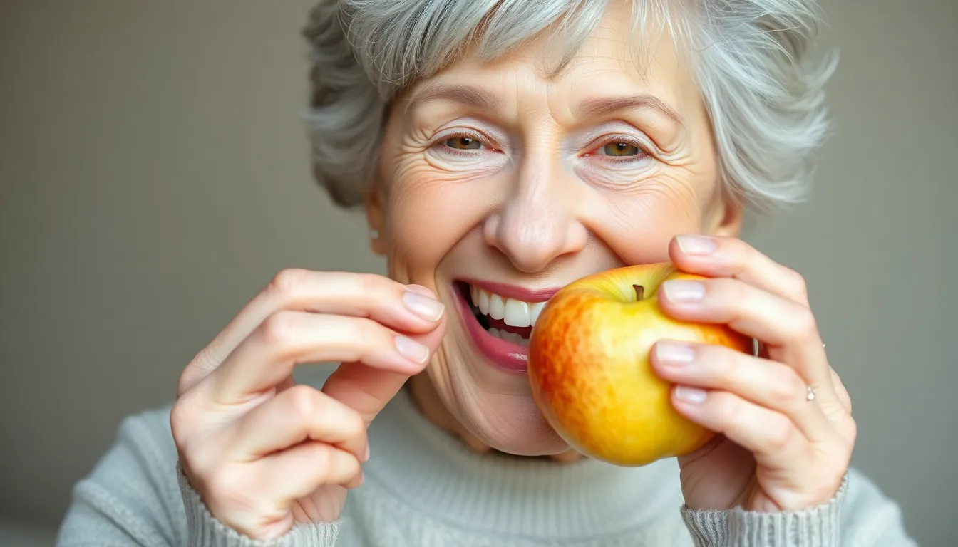 Glückliche Seniorin beisst in Apfel mit stabiler Zahnprothese