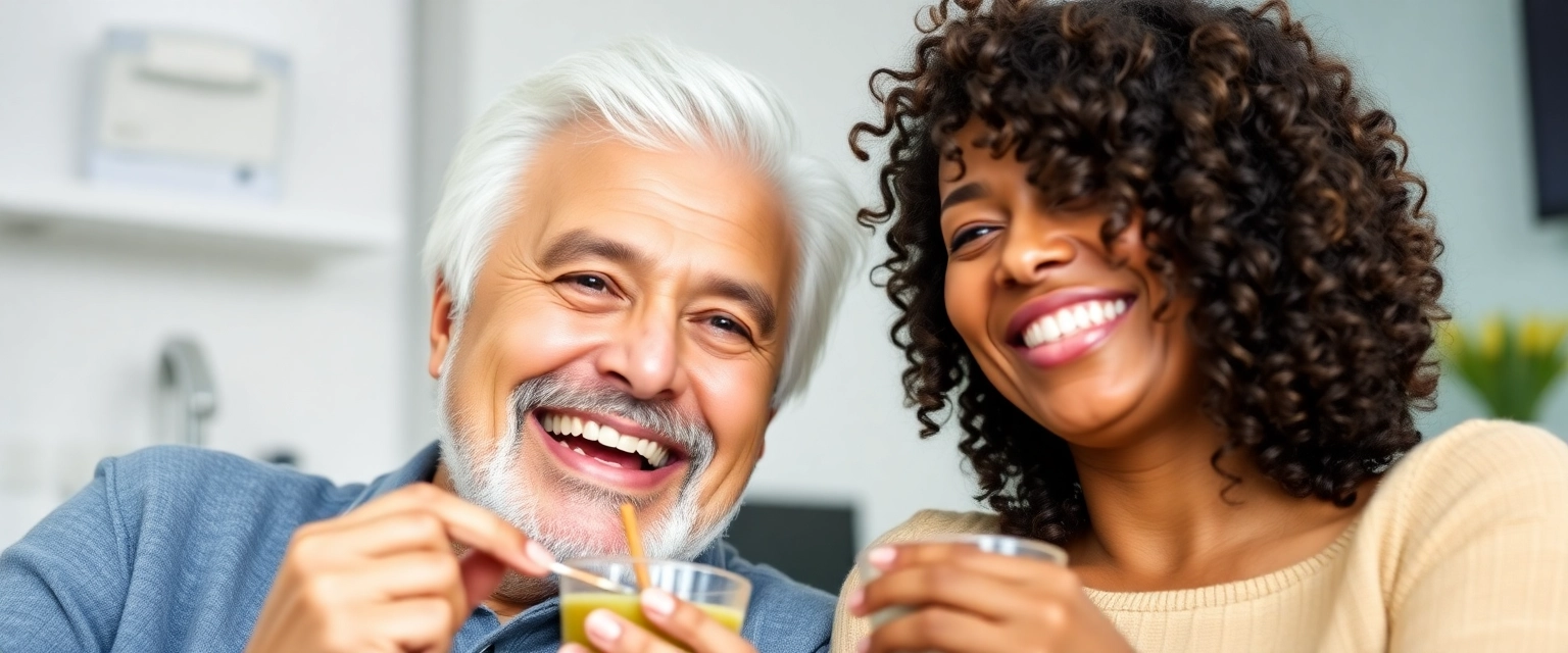 Glückliches älteres Paar lächelt mit natürlicher Zahnprothese