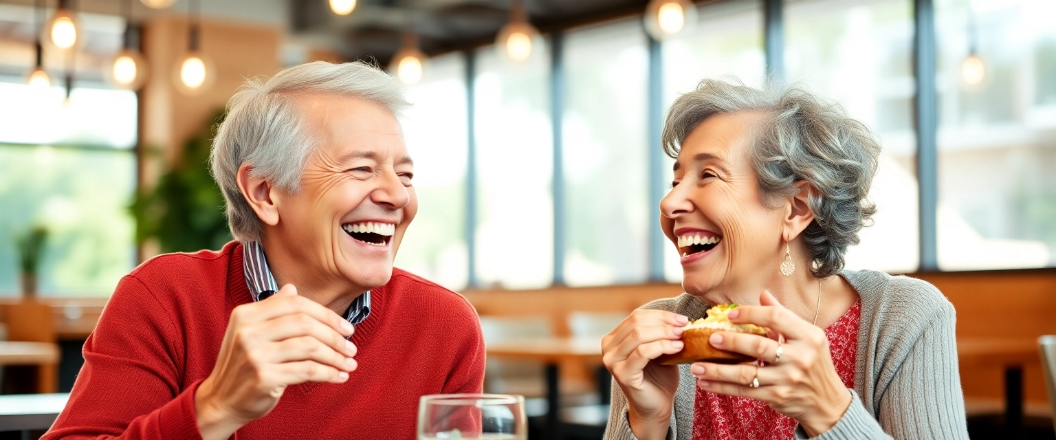 Glückliches älteres Paar lacht und isst unbeschwert mit natürlichen Zahnprothesen