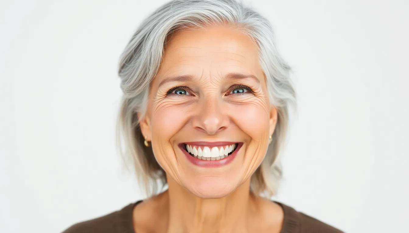Eine lächelnde ältere Frau zeigt selbstbewusst ihre natürlich aussehenden Zähne