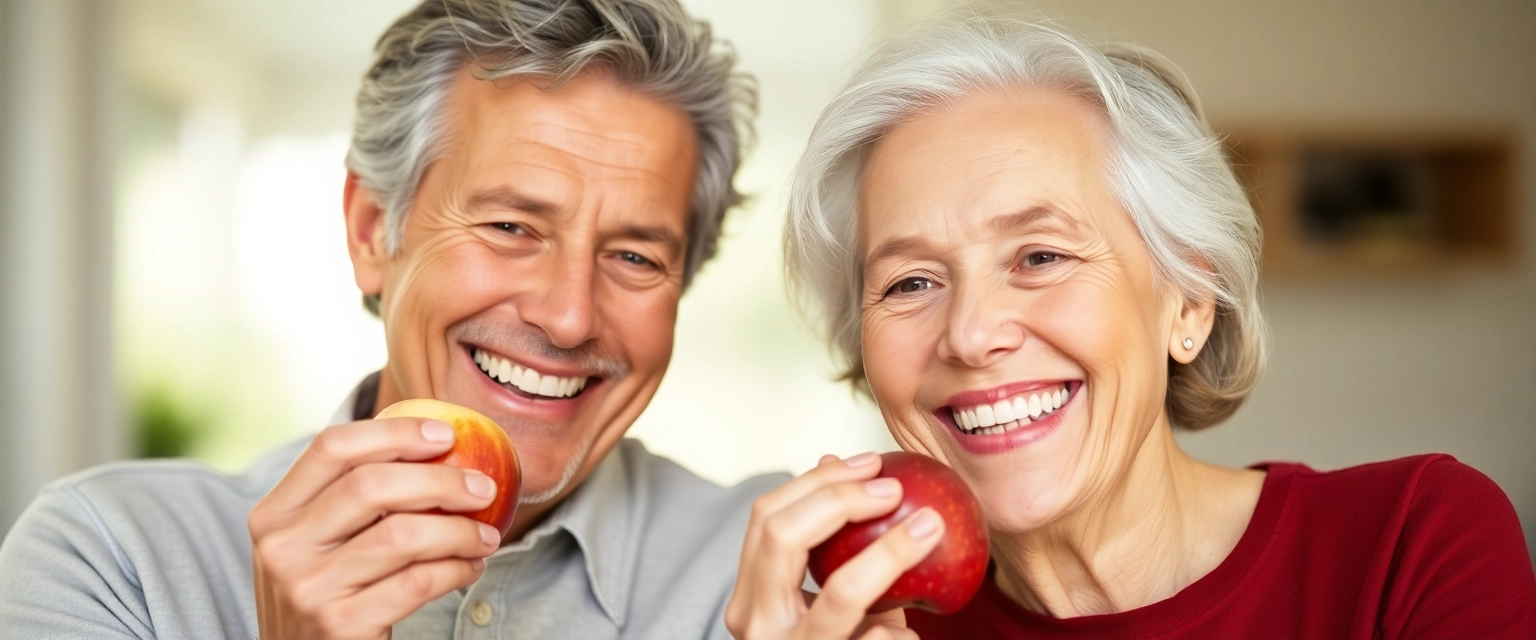 Glückliches älteres Paar mit gesunden Zahnprothesen