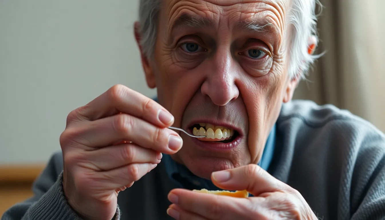Ältere Person frustriert mit lockerer Zahnprothese