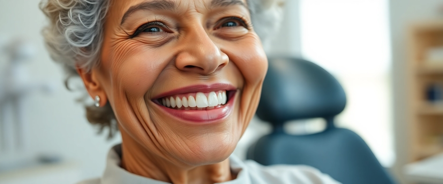 Glückliche Seniorin mit reparierter Zahnprothese