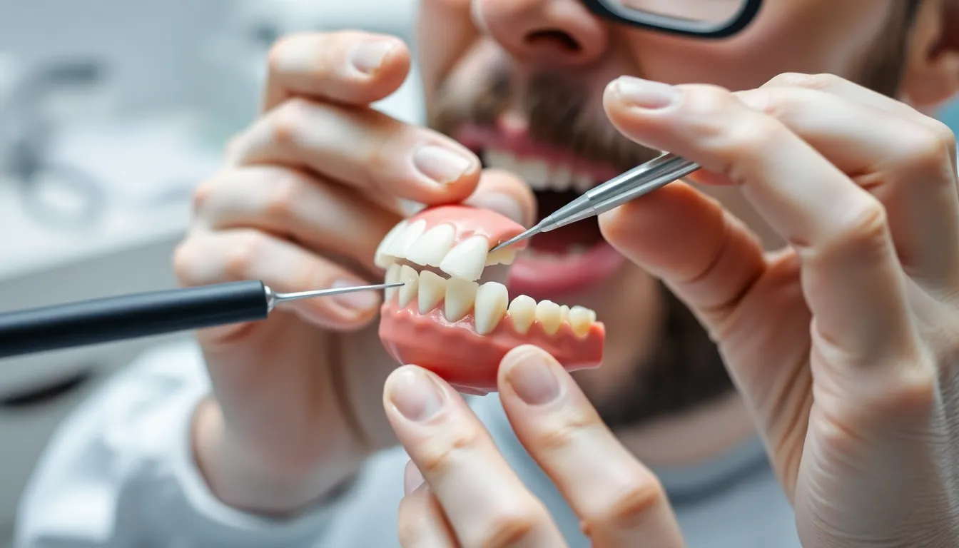 Zahnarzt untersucht defekte Zahnprothese