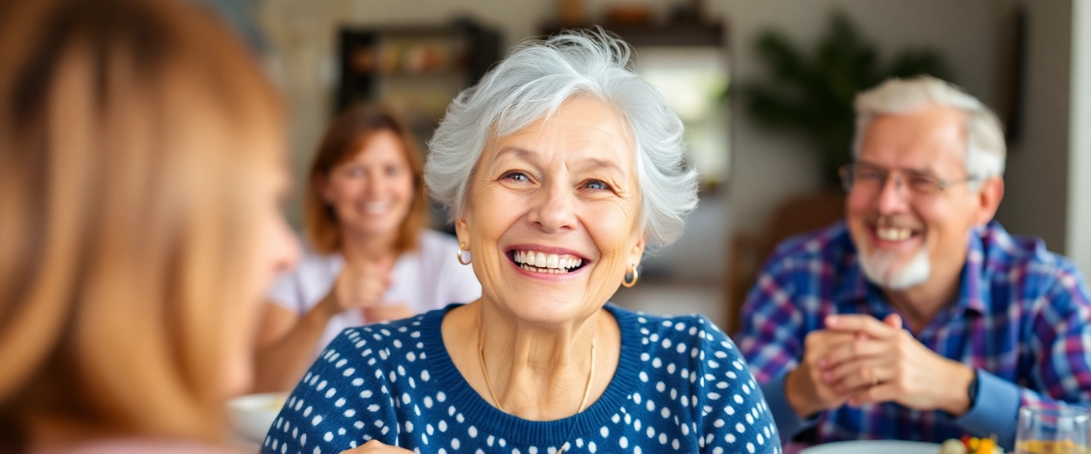 Glückliche Seniorin mit perfektem Zahnprothesen Service Lächeln