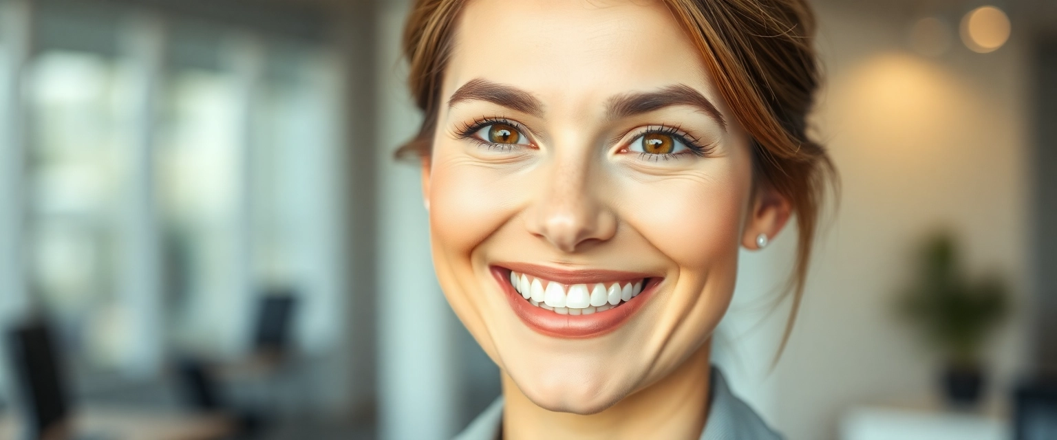Frau mit diskreten Zahnschienen lächelt selbstbewusst im Büro