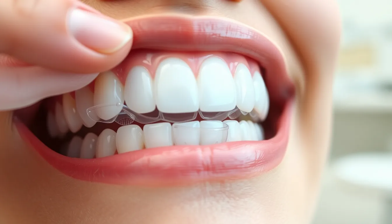 Nahaufnahme einer Zahnschiene, die auf Zähne gesetzt wird