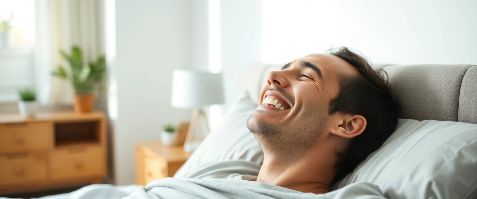 Glückliche Person nach erholsamem Schlaf dank Zahnschoner