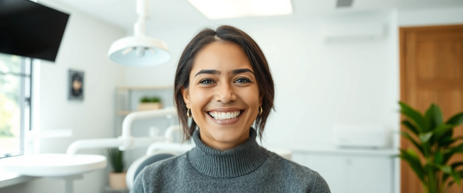 Glückliche Person nach erfolgreicher Zahnreparatur in einer modernen Zahnarztpraxis