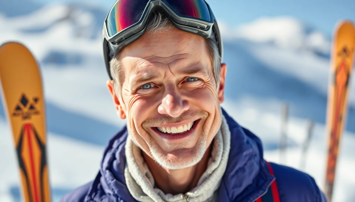 Porträt einer glücklichen Seniorin beim Skifahren