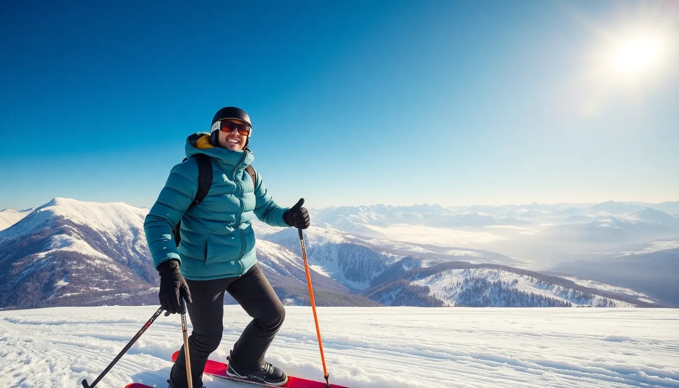 Glücklicher Skifahrer mit angepassten Skischuhen