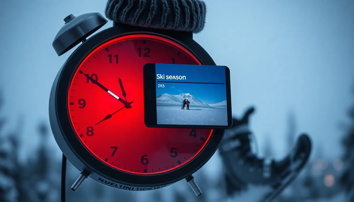 Uhr tickt, Skisaison läuft, Person frustriert mit Skischuhen