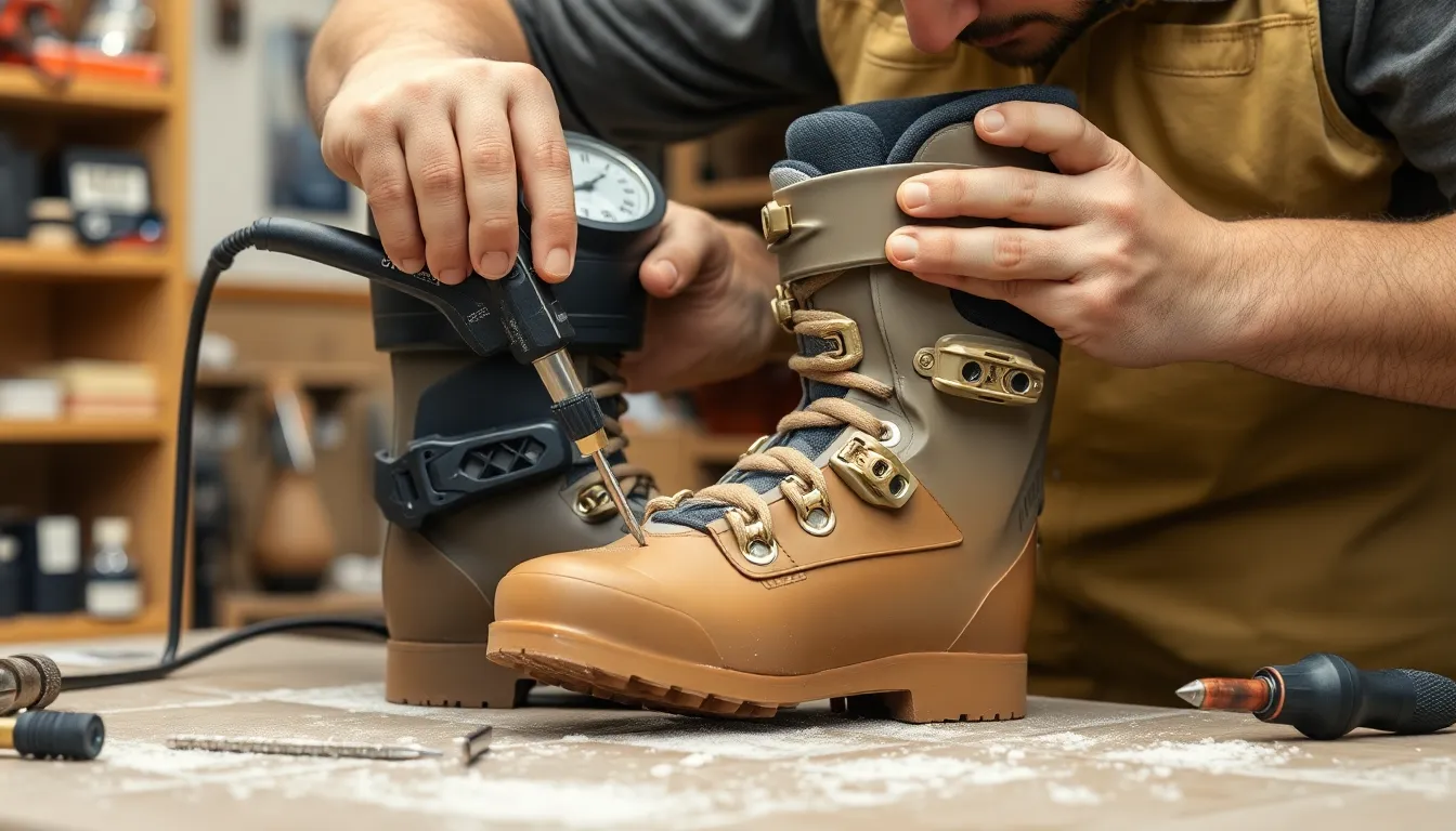 Professioneller Bootfitter modifiziert Skischuhschale mit Spezialwerkzeugen