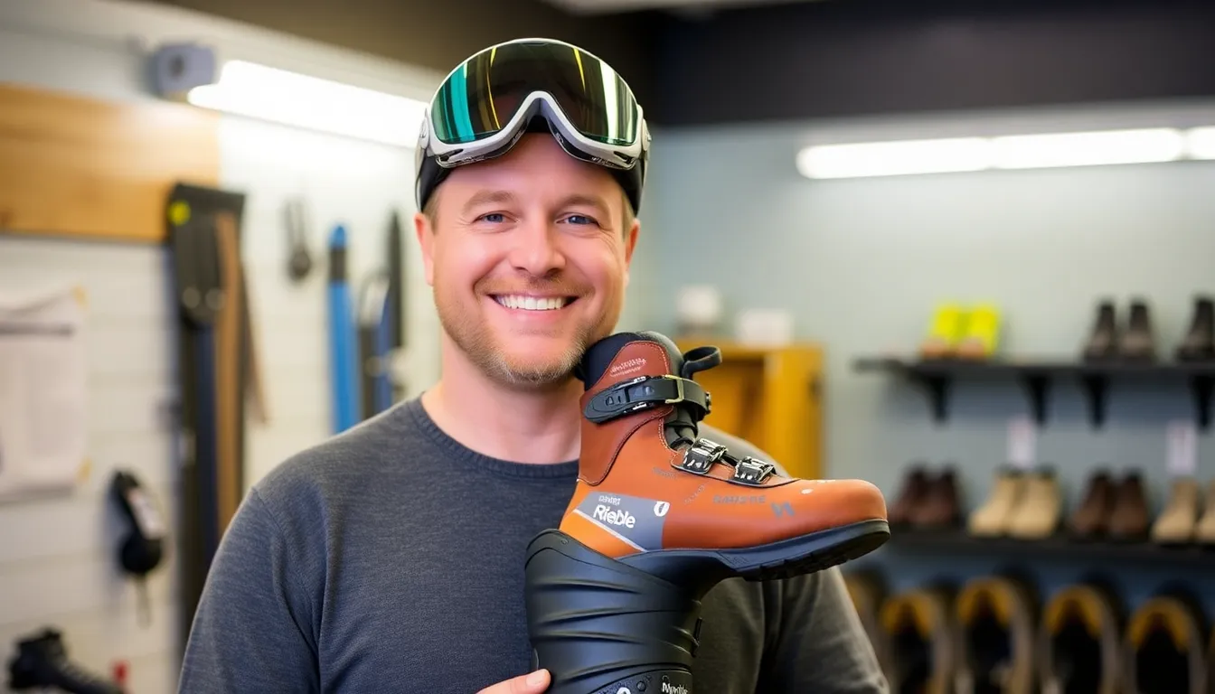 Michael Rieble, professioneller Bootfitter, mit Skischuh