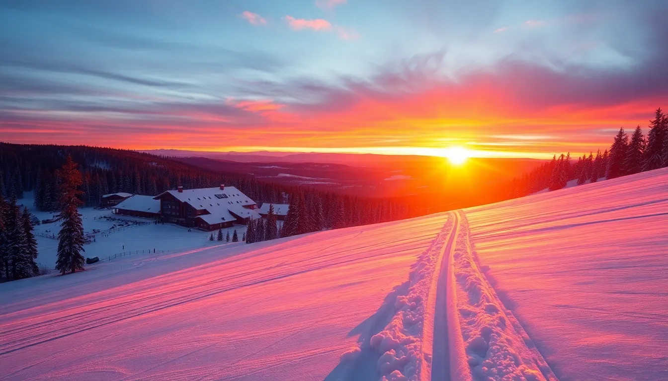 Sonnenuntergang in einem Skigebiet