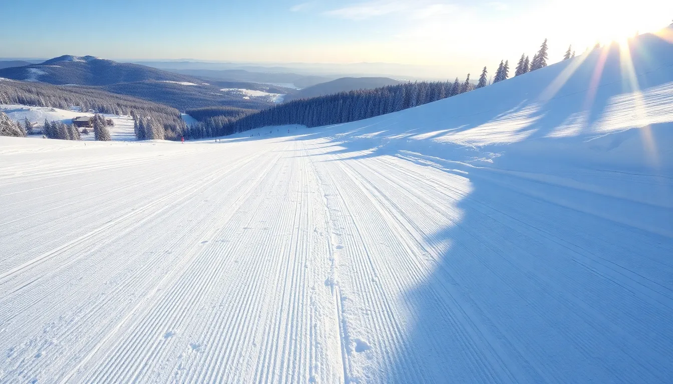 Perfekt präparierte Skipiste am Morgen