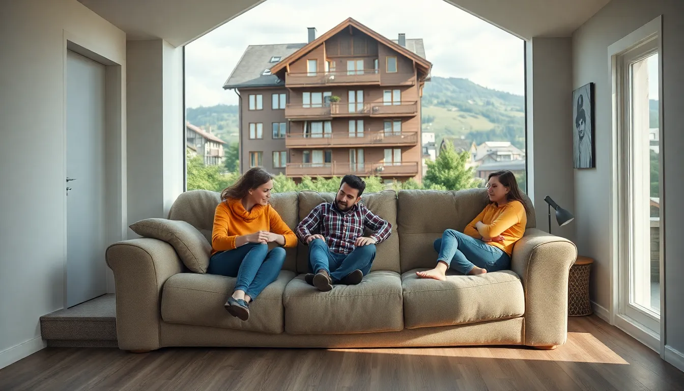 Familie kämpft mit Sofa in engem Treppenhaus