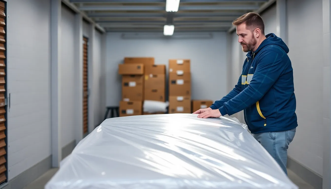 Mitarbeiter von Lüscher Umzug verpackt Möbel im Lager