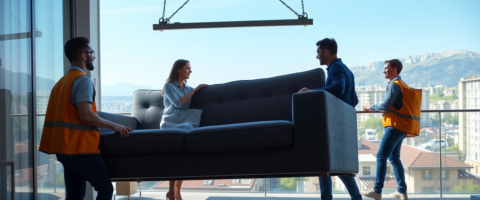 Glückliches Paar beim Umzug mit Möbellift in eine neue Wohnung