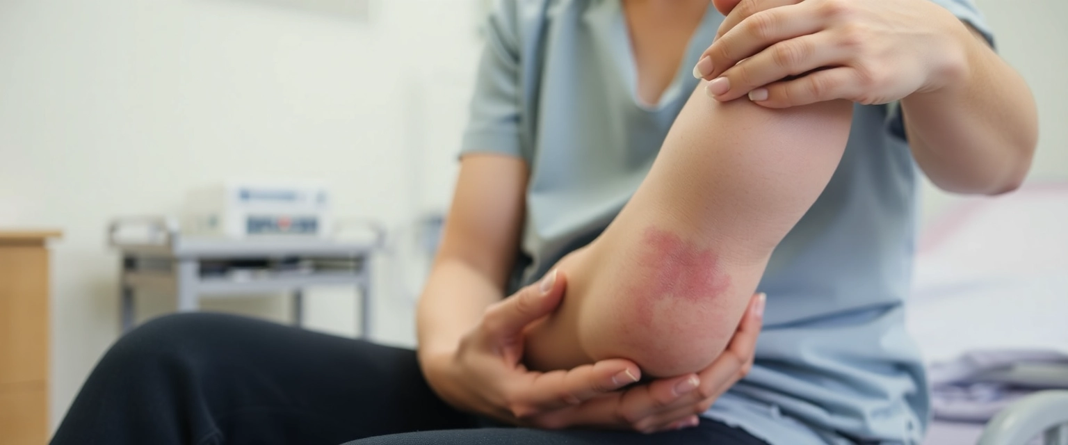 Person mit geschwollenem Bein, das auf Beinthrombose hindeutet