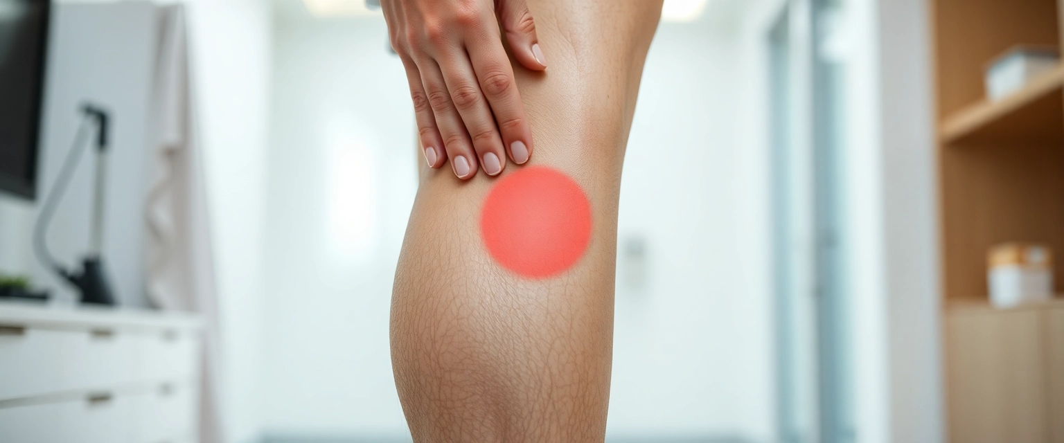 Bein mit Anzeichen einer Beinthrombose, wird von einer Hand berührt