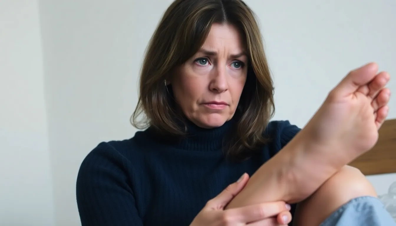 Frau betrachtet besorgt ihre Beine mit Besenreisern