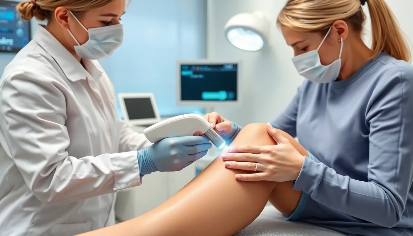 Arzt führt Laserbehandlung an Bein durch