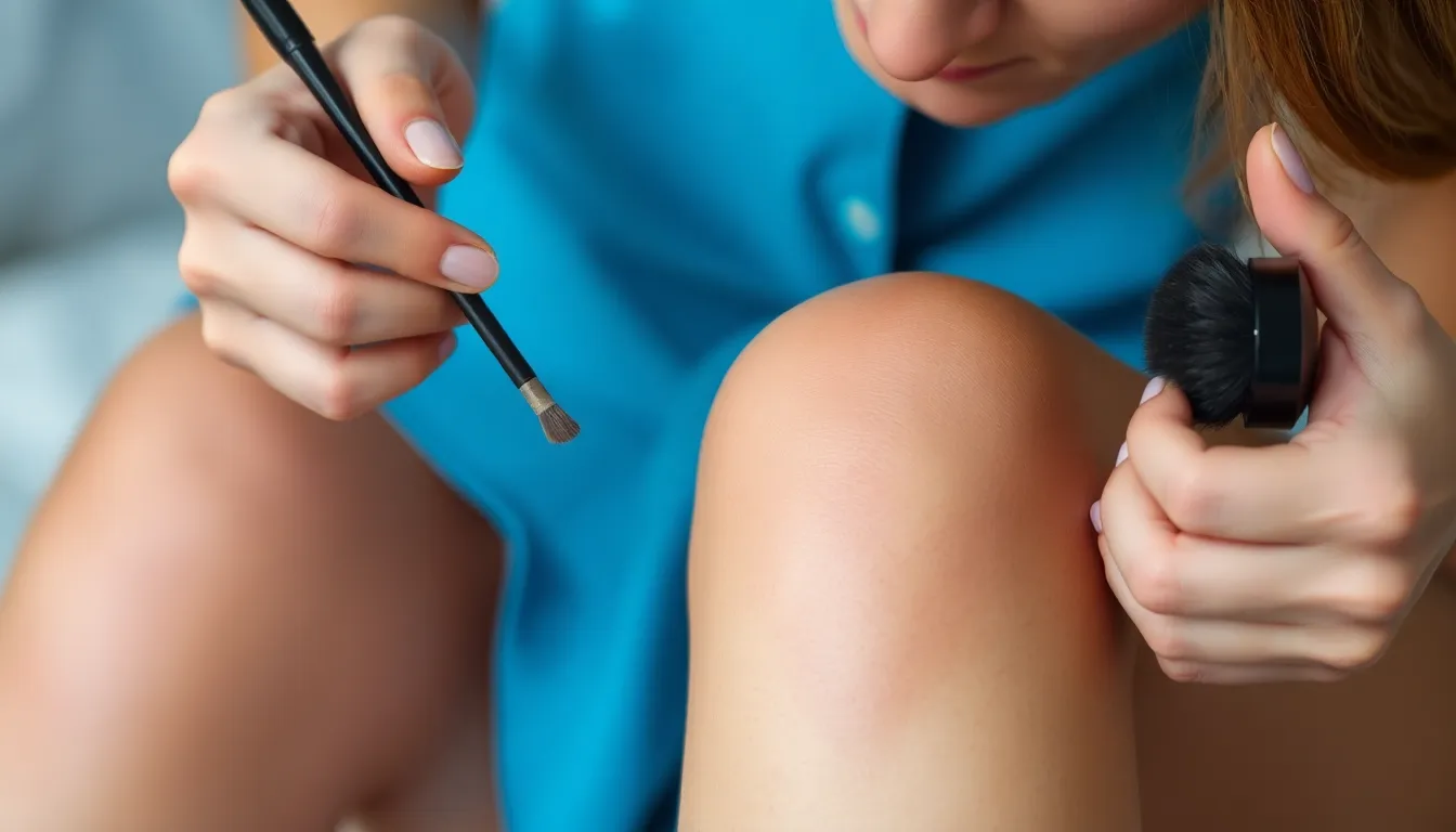 Frustrierte Person versucht Besenreiser zu kaschieren