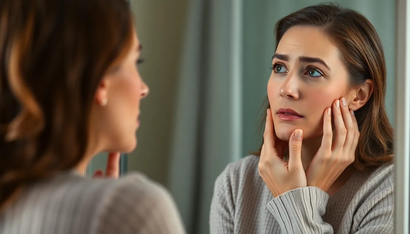 Frau betrachtet besorgt ihre Couperose im Spiegel