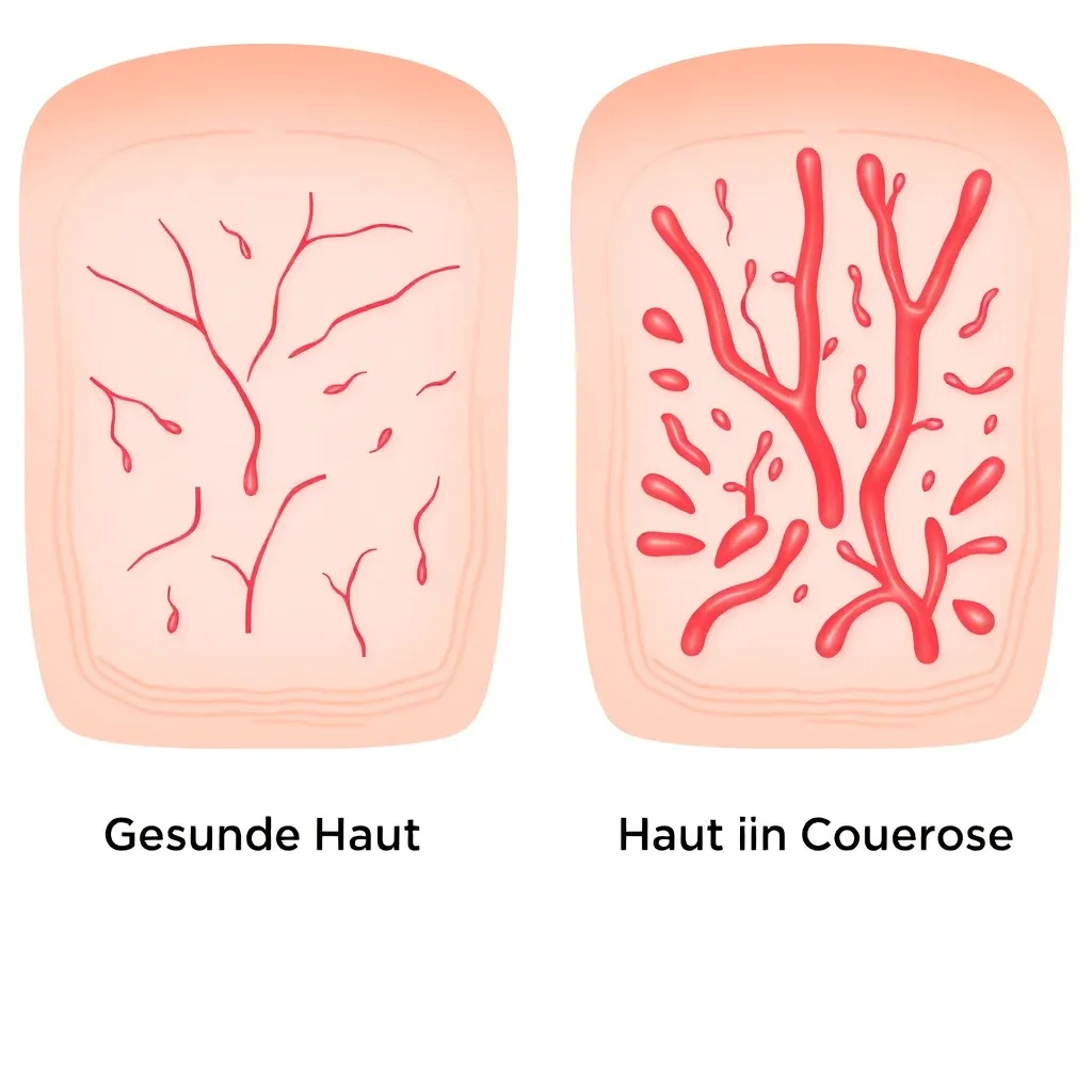 Medizinische Illustration des Unterschieds zwischen gesunder Haut und Haut mit Couperose