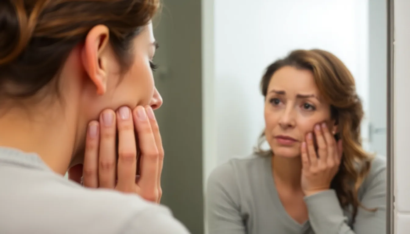 Frau betrachtet besorgt ihre Couperose im Spiegel