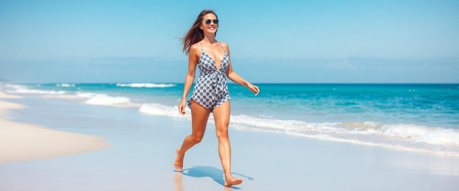 Frau mit makellosen Beinen am Strand nach Teleangiektasien Behandlung