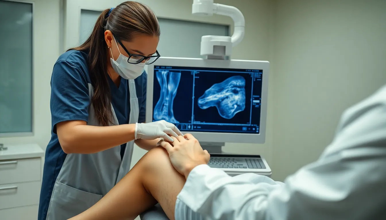 Arzt führt Ultraschall an Bein durch