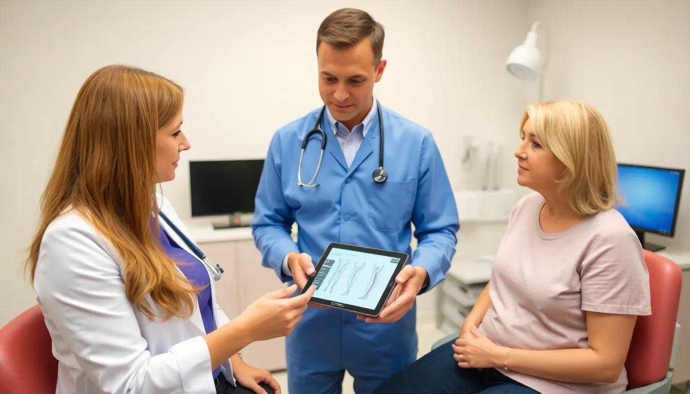 Arzt erklärt Venenbehandlungsoptionen, einschliesslich Sklerotherapie, auf einem Tablet